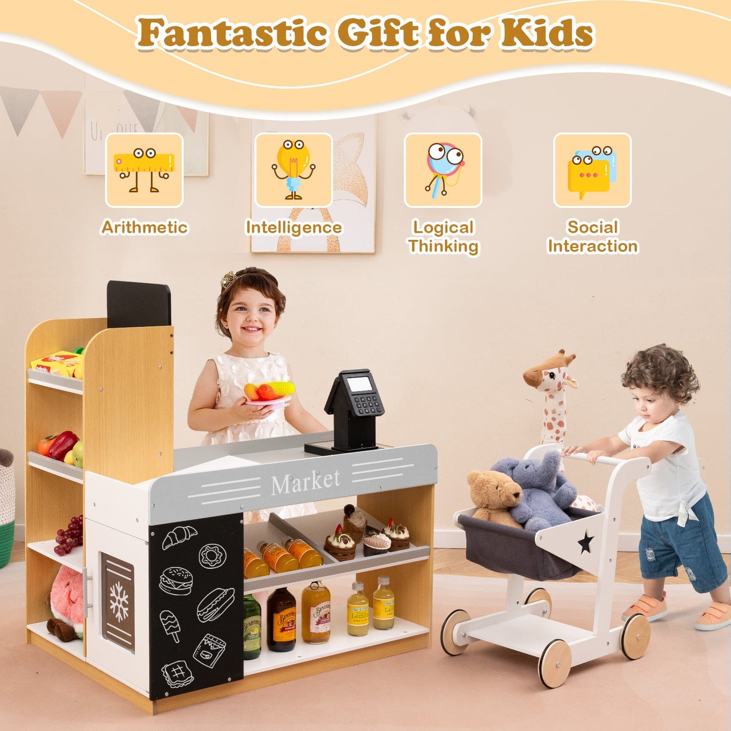 Pretend Play Grocery Store Set, Shopping Cart, 2 Chalkboards, White Play Kitchen Sets at Gallery Canada