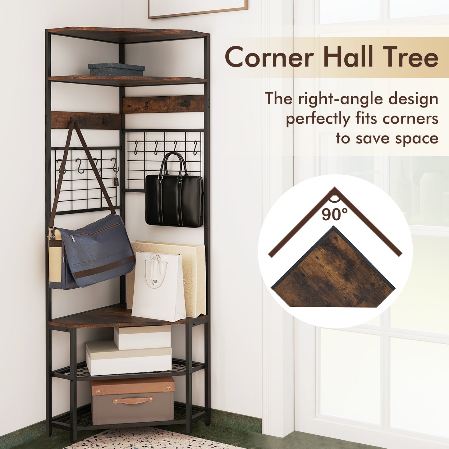 5-Tier Corner Hall Tree with Shoe Storage Bench, Rustic Brown Coat Racks & Hall Trees at Gallery Canada