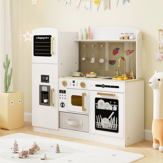 Cuisine en Bois pour Enfants avec Tableau Noir, Machine à Glaçons, Blanc