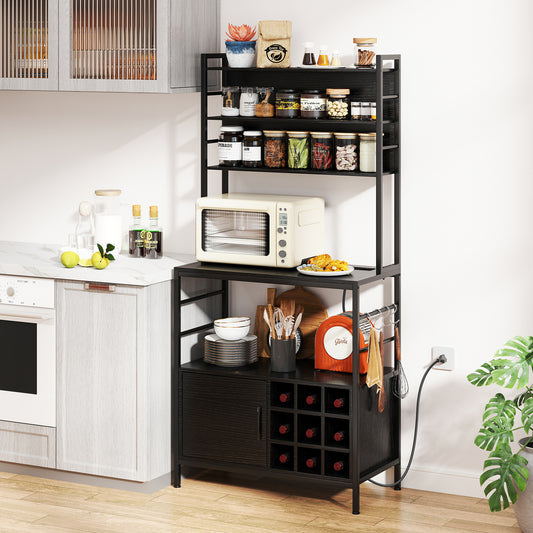 Coffee Bar Cabinet, With S-Hooks And Wine Bottle Holders, Black