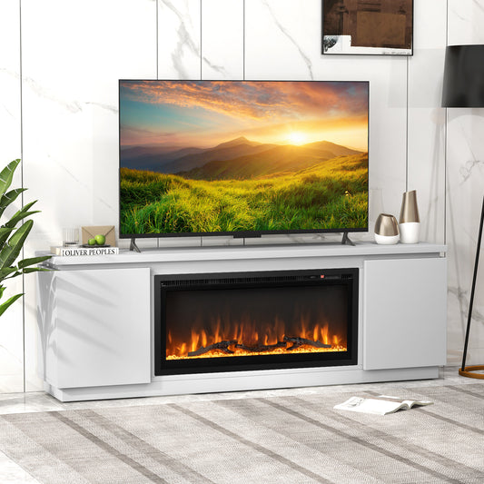 Fireplace TV Stand, 80 Inch, 3 Adjustable Shelves, White Entertainment Centers & TV Stands White at Gallery Canada