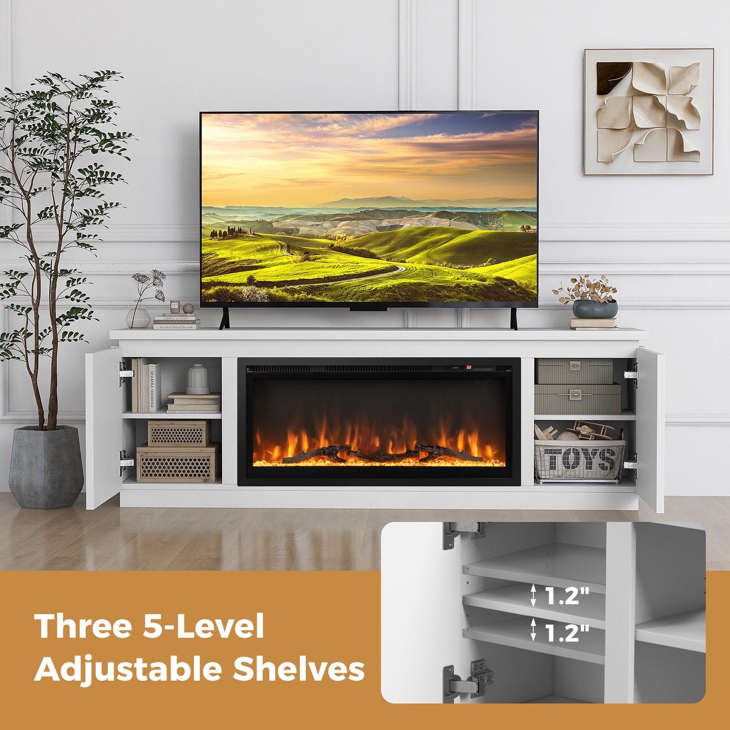 Fireplace TV Stand, 80 Inch, 3 Adjustable Shelves, White Entertainment Centers & TV Stands at Gallery Canada