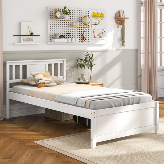 Wooden Platform Bed with Headboard and Wood Slat Support White-Twin Size, White Simple Bed Frame White - Twin at Gallery Canada