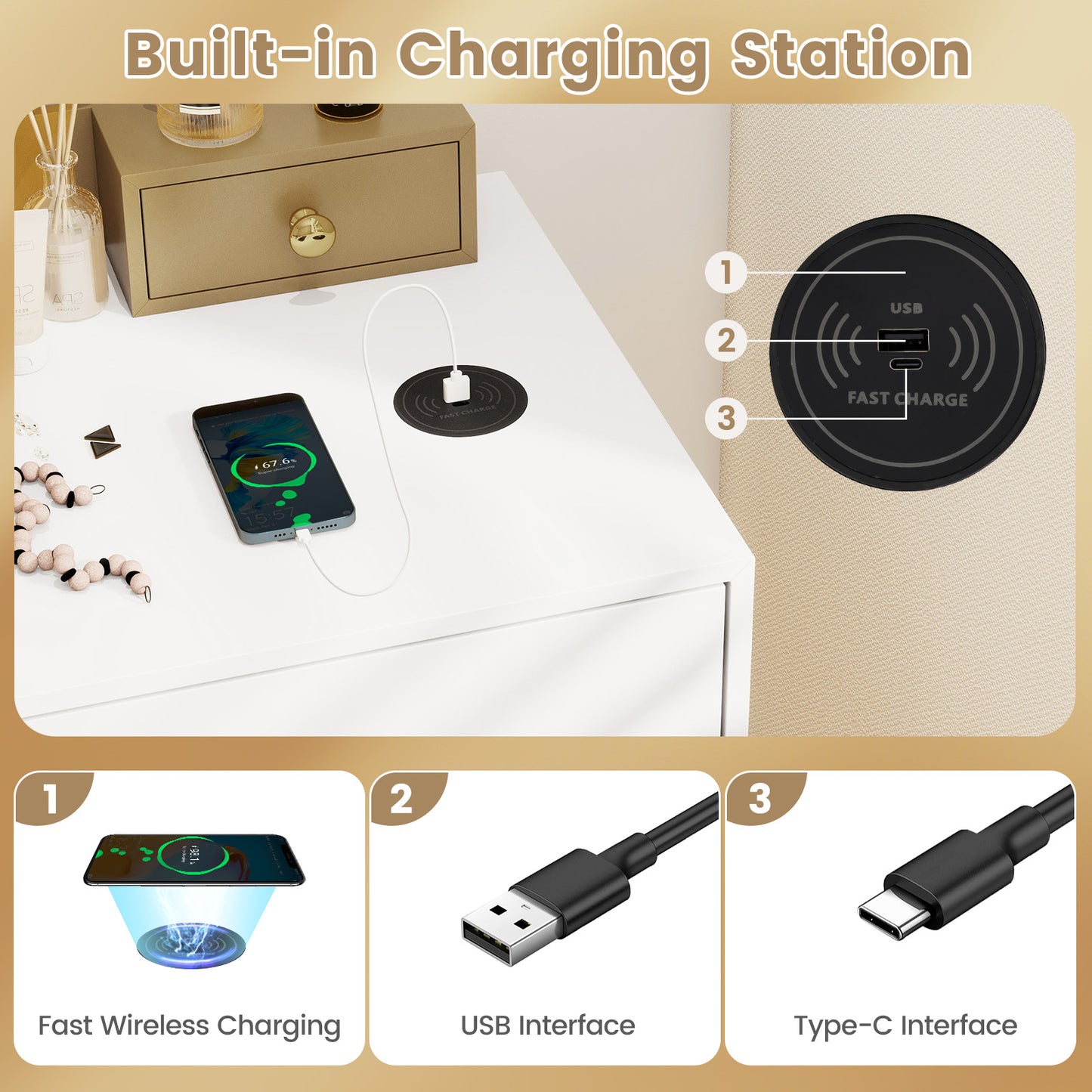 Ensemble de Coiffeuse avec Miroir Éclairé à Intensité Réglable, Blanc, 3 Couleurs