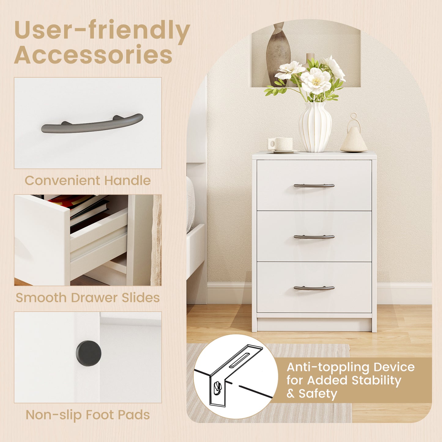 3 Drawer Nightstand, Living Room Storage, White Nightstands at Gallery Canada