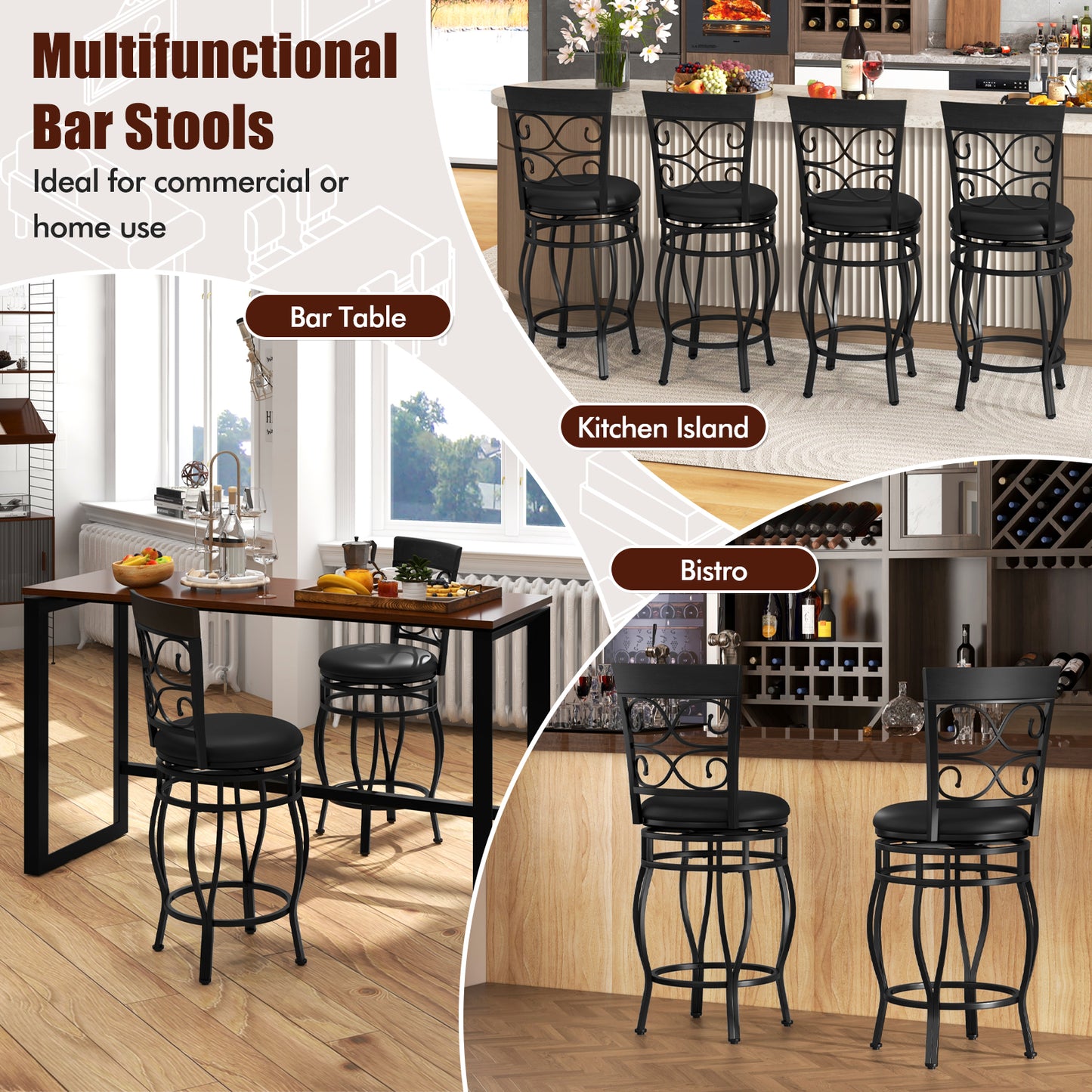 Set of 2 26 Inch Bar Stools, with Backrest and Footrest, Black Dining Chairs at Gallery Canada