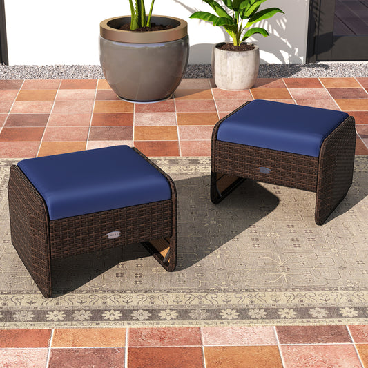 2 Outdoor PE Wicker Ottomans, Removable Cushions, Navy Outdoor Seating & Patio Chairs Navy at Gallery Canada
