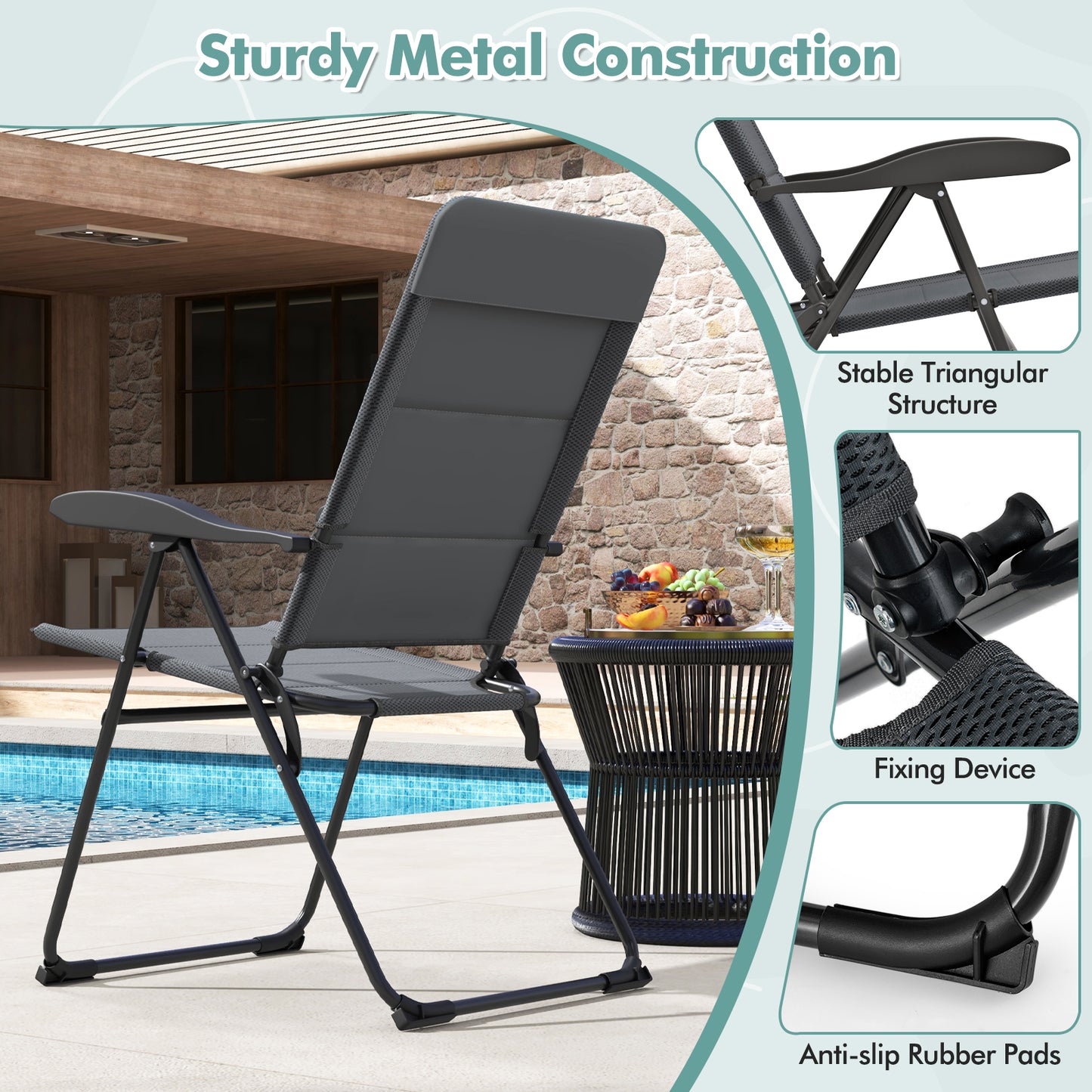 2 Pieces Outdoor Folding Patio Chairs with Adjustable Backrests for Bistro and Backyard, Gray Beach & Lawn Chairs at Gallery Canada