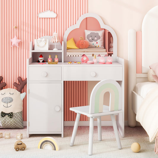 Kids Vanity Table And Chair Set, Cloud Mirror, Open Shelf, White Kids Vanities White at Gallery Canada