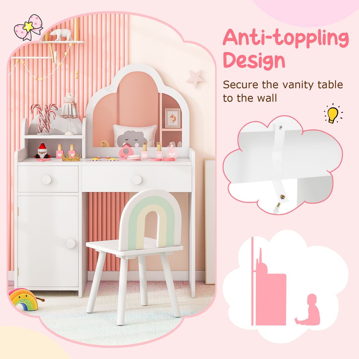 Kids Vanity Table And Chair Set, Cloud Mirror, Open Shelf, White Kids Vanities at Gallery Canada