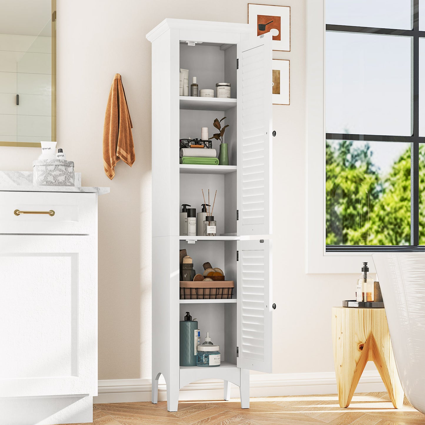 Tall Bathroom Floor Cabinet with Shutter Doors and Adjustable Shelf, White Floor Cabinets at Gallery Canada
