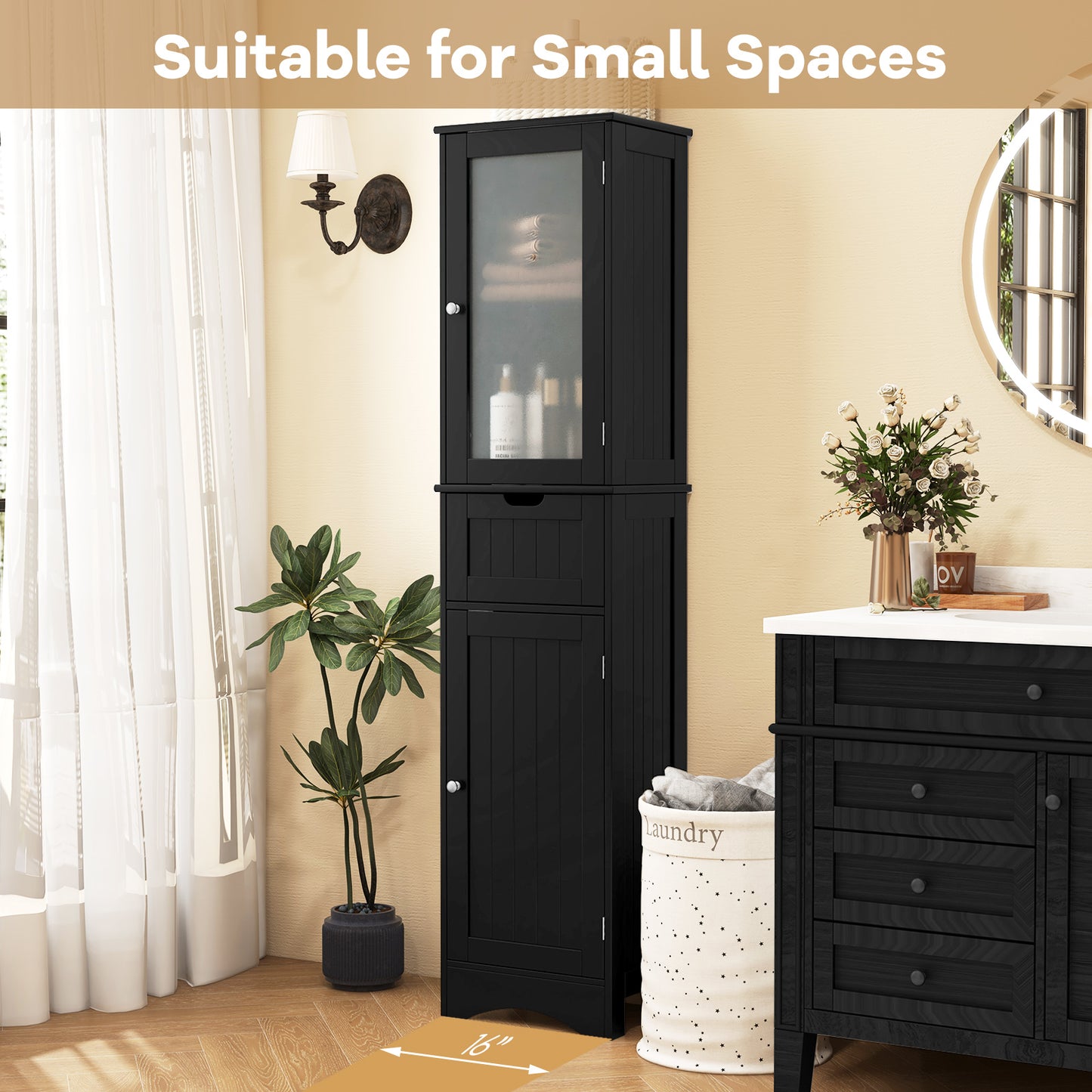 Tall Floor Storage Cabinet with 2 Doors and 1 Drawer for Bathroom, Black Floor Cabinets at Gallery Canada