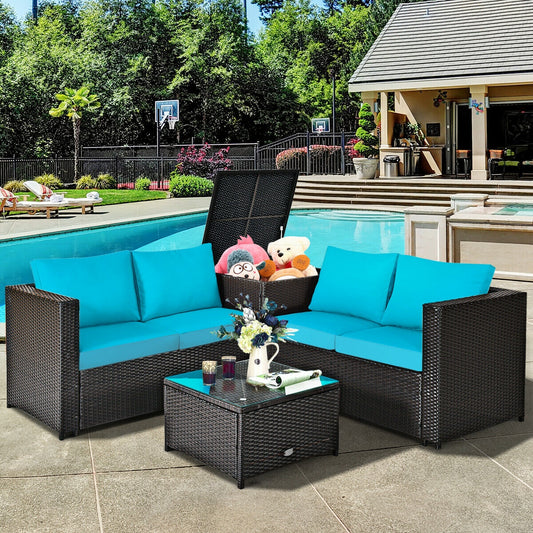 4 Pieces Outdoor Patio Rattan Furniture Set with Cushioned Loveseat and Storage Box, Turquoise Outdoor Sectionals Turquoise at Gallery Canada