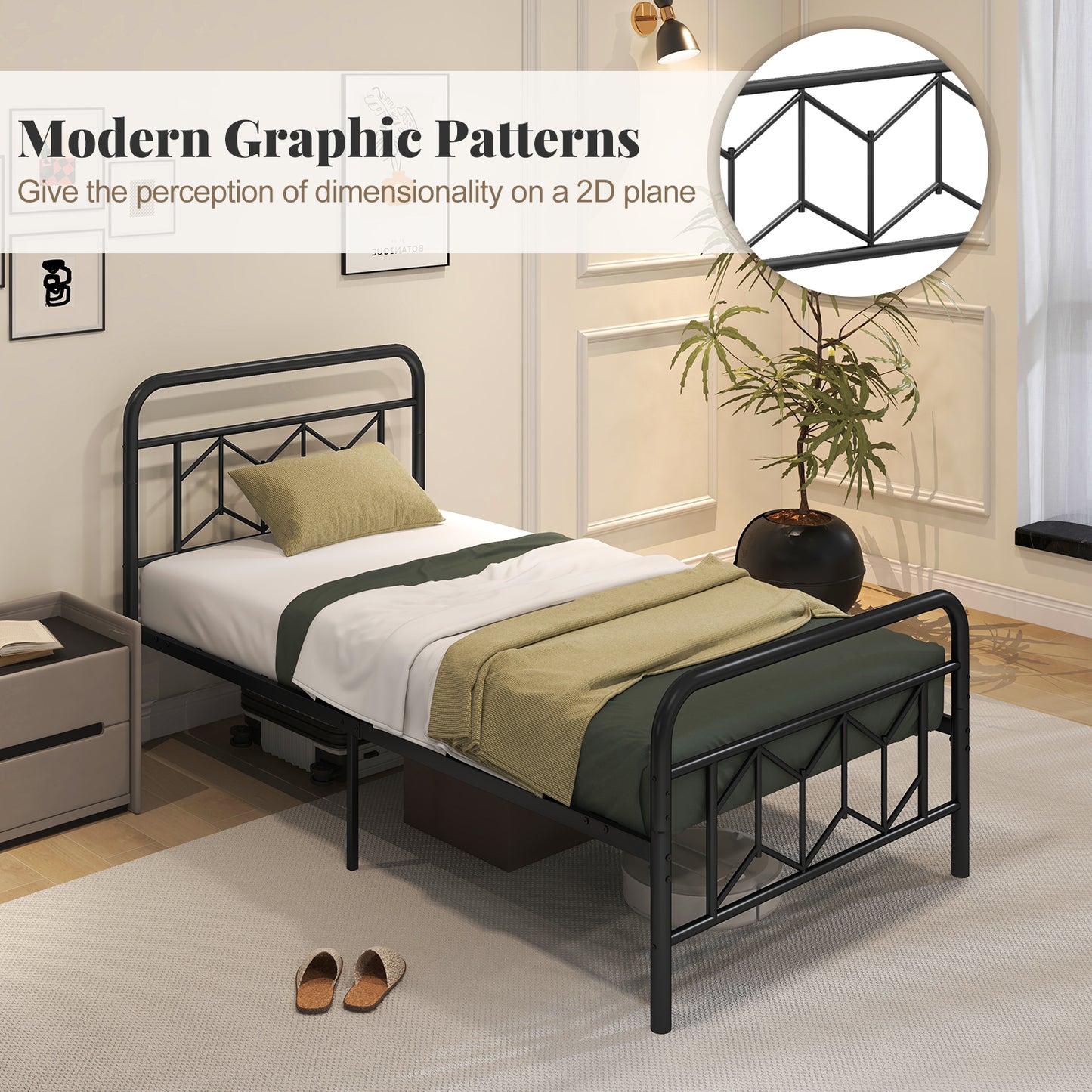 Lit plateforme avec tête de lit haute, lattes métalliques à verrouillage instantané, taille jumelle, noir