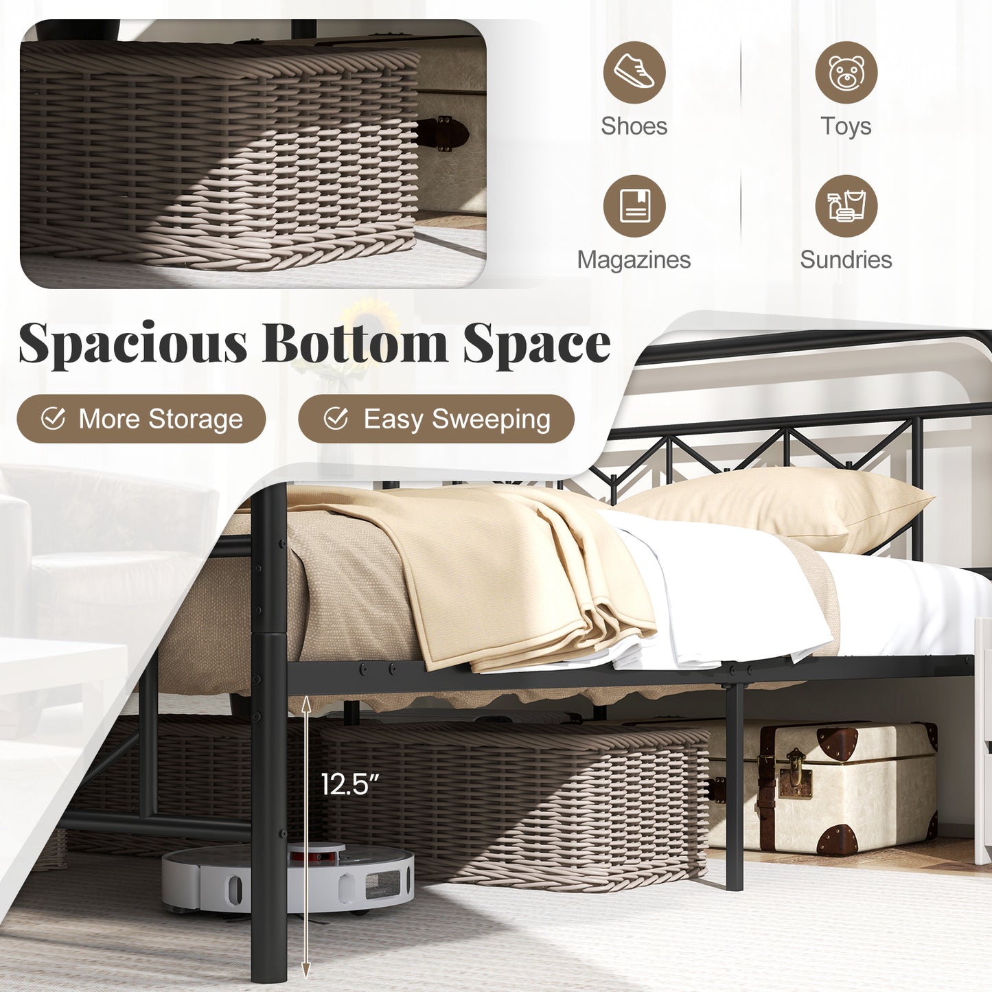 Queen Size Platform Bed, High Headboard, Snap Lock Metal Slats, Black Simple Bed Frame at Gallery Canada