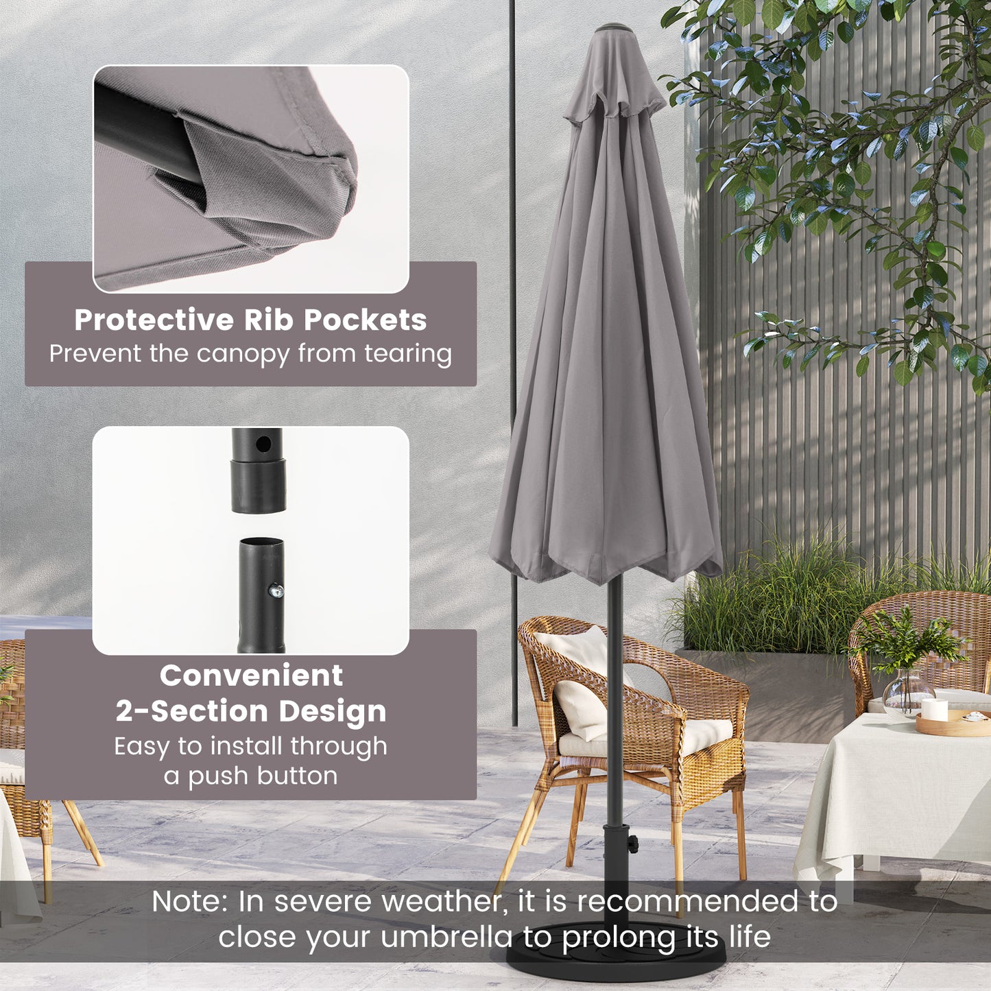 Heavy Duty Market Umbrella, Crank Handle, 8 Ribs, Gray Outdoor Umbrellas at Gallery Canada