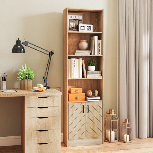 71 Inch 6-Tier Bookshelf, Double Doors, 4 Open Cubes, Oak Bookcases Oak at Gallery Canada