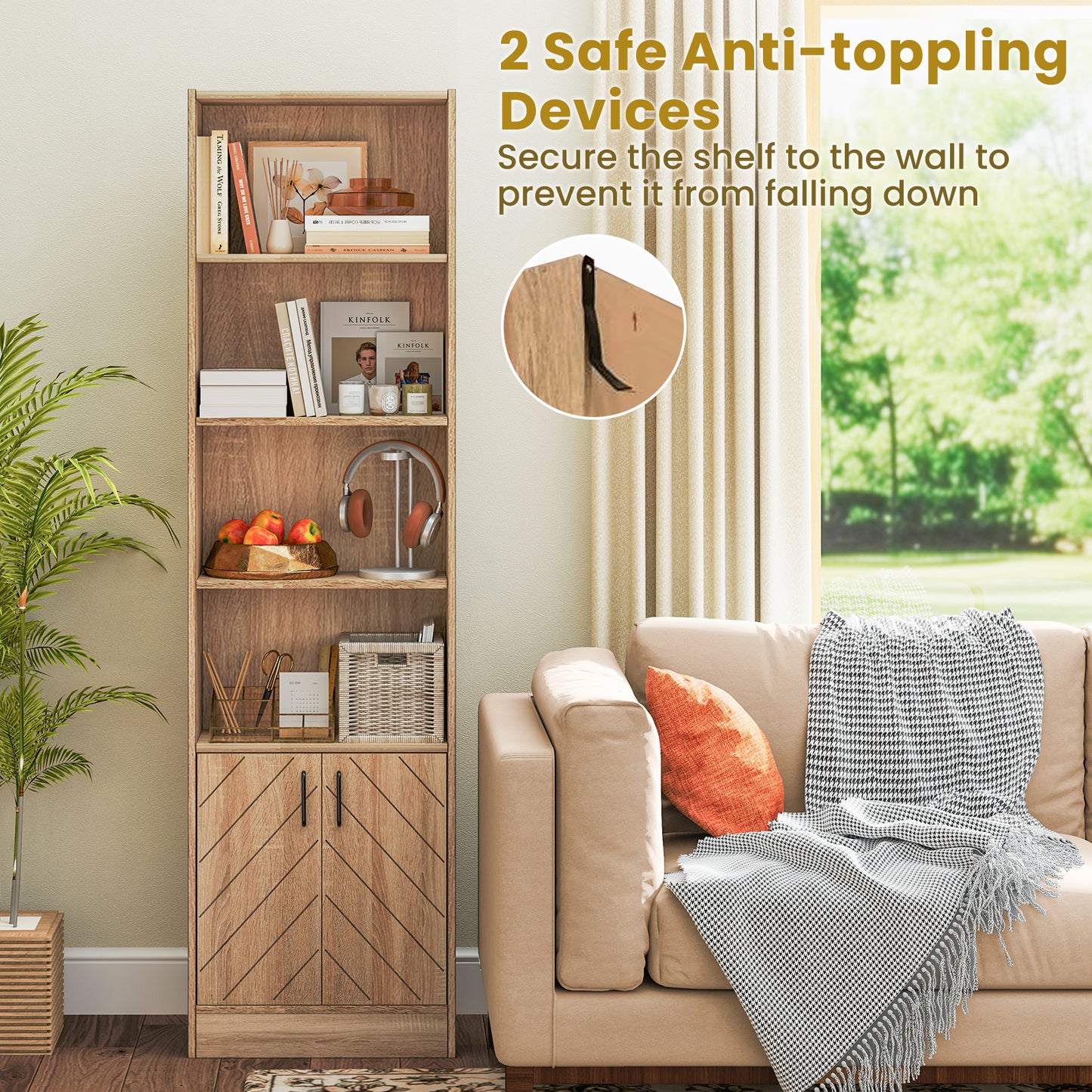 71 Inch 6-Tier Bookshelf, Double Doors, 4 Open Cubes, Oak Bookcases at Gallery Canada