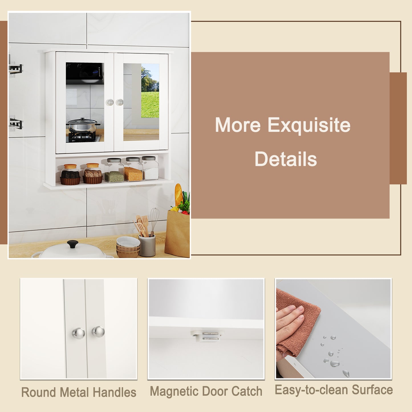 Bathroom Wall Cabinet, Double Mirror Doors, White