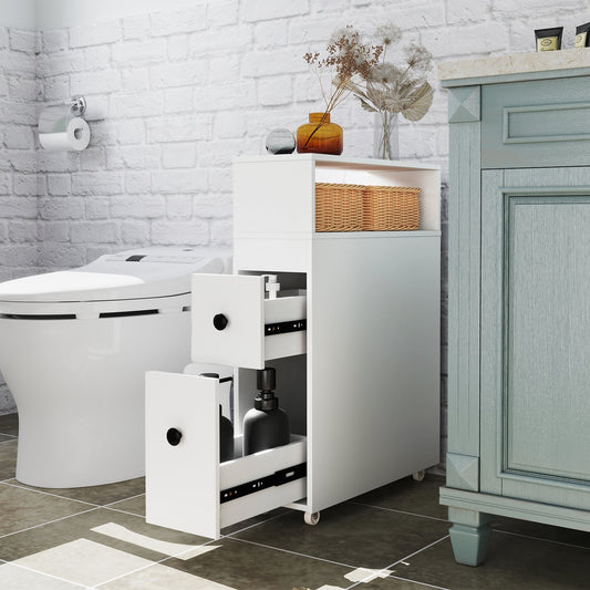 Armoire de Salle de Bain Mince en Bois, Tiroirs Coulissants Profonds, Blanc