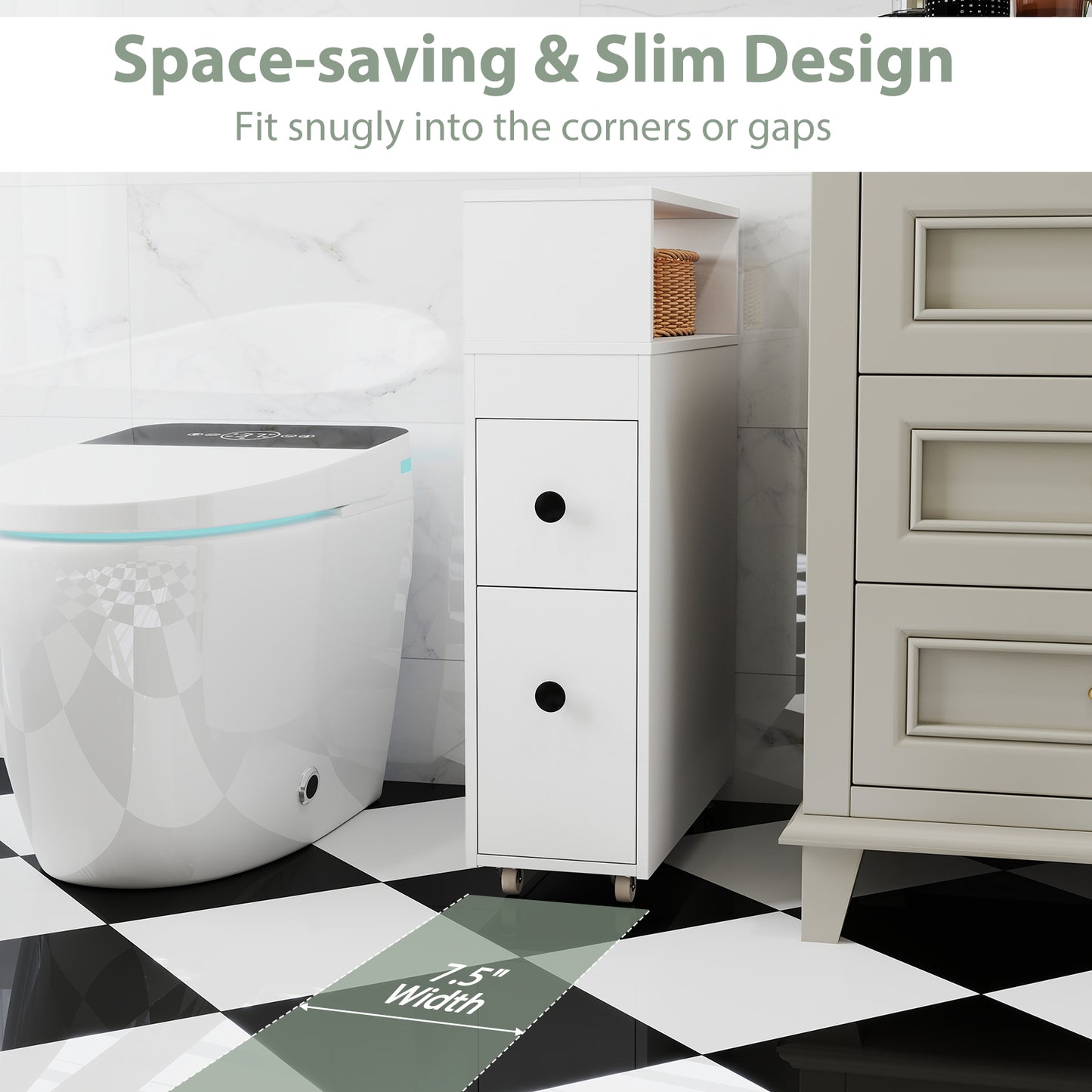 Slim Wooden Bathroom Cabinet, Deep Slide Out Drawers, White Floor Cabinets at Gallery Canada