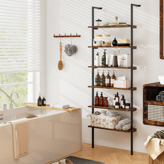 6-Tier Ladder Shelf, 72 Inches, Industrial Wall Mounted Bookshelf, Rustic Brown Bookcases Rustic Brown at Gallery Canada