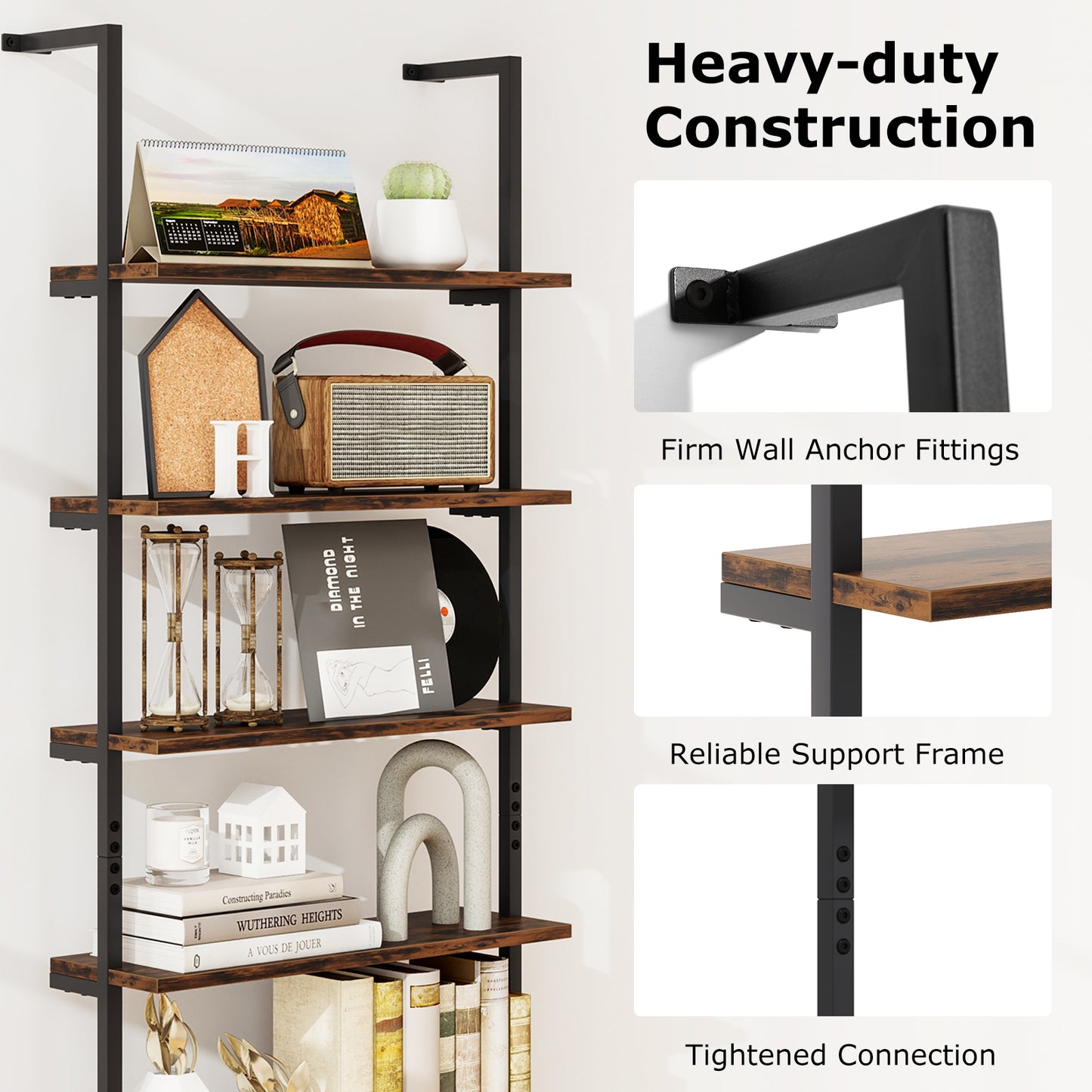6-Tier Ladder Shelf, 72 Inches, Industrial Wall Mounted Bookshelf, Rustic Brown Bookcases at Gallery Canada
