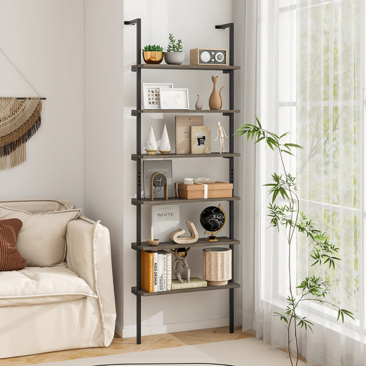 6-Tier Ladder Shelf, 72 Inches, Wall Mounted Bookshelf, Gray