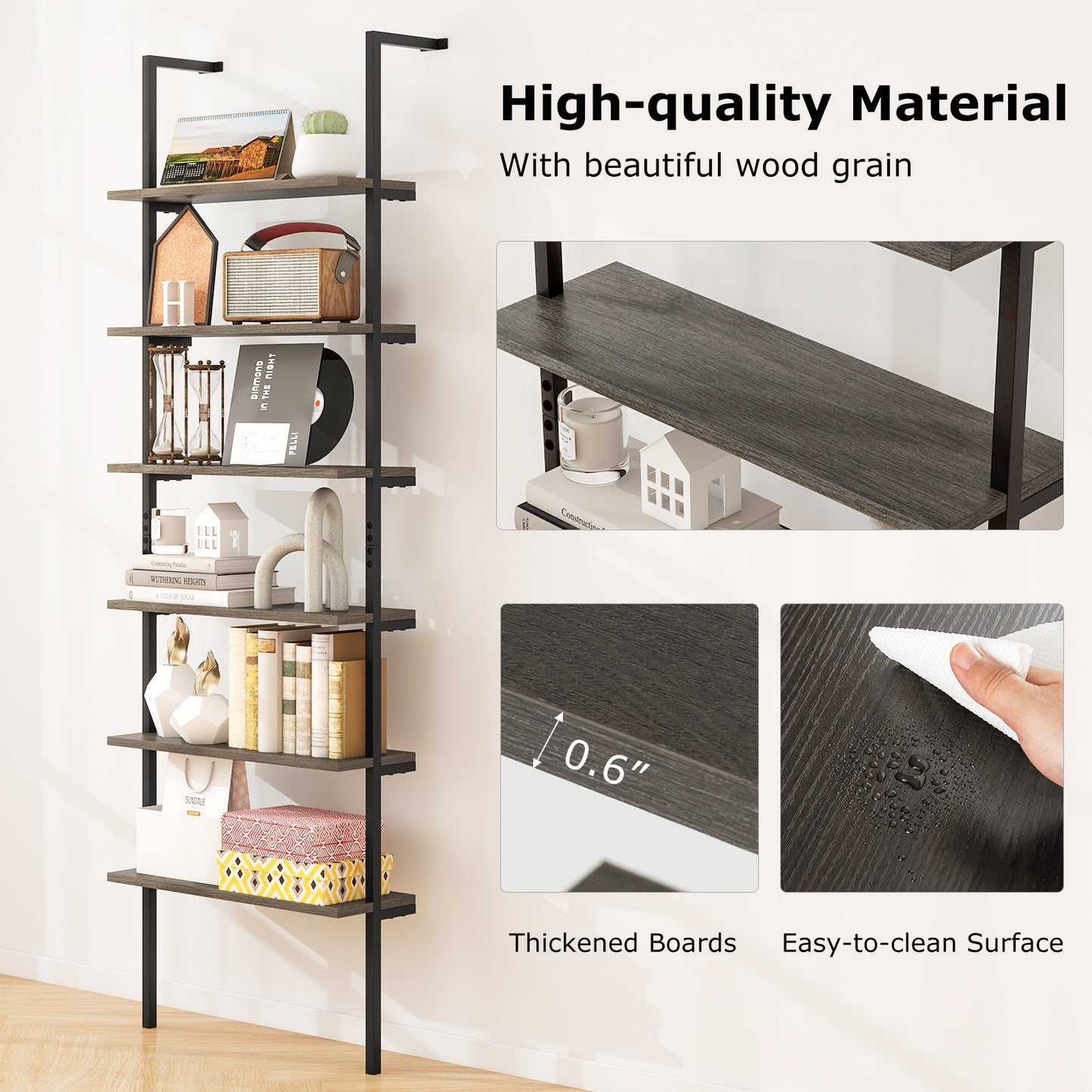 6-Tier Ladder Shelf, 72 Inches, Wall Mounted Bookshelf, Gray Bookcases at Gallery Canada