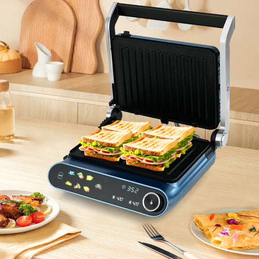 1200W Panini Press Grill with LED Display and 7 Grilling Modes, Blue Kitchen Appliances Blue at Gallery Canada