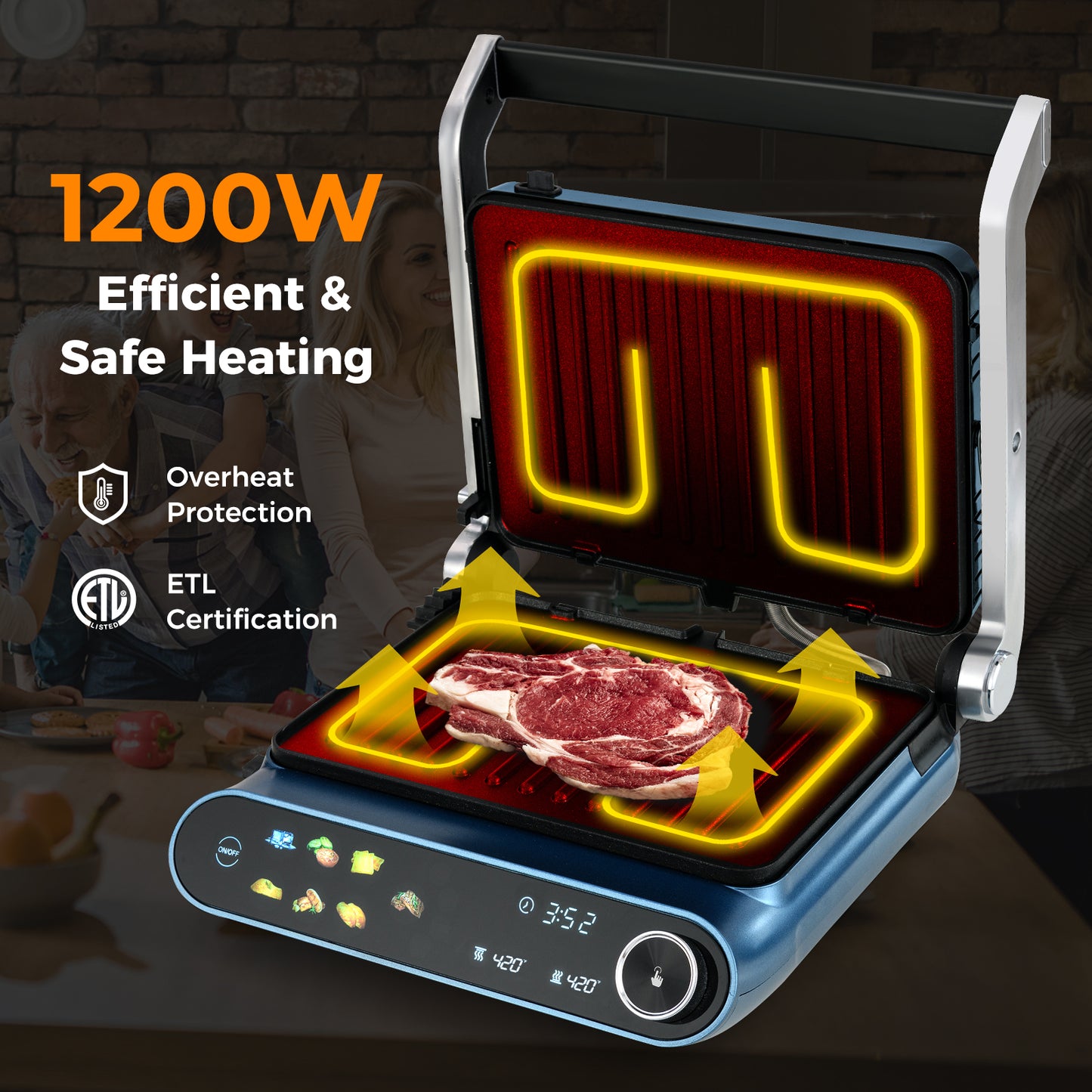 1200W Panini Press Grill, LED Display, 7 Grilling Modes, Blue Kitchen Appliances at Gallery Canada