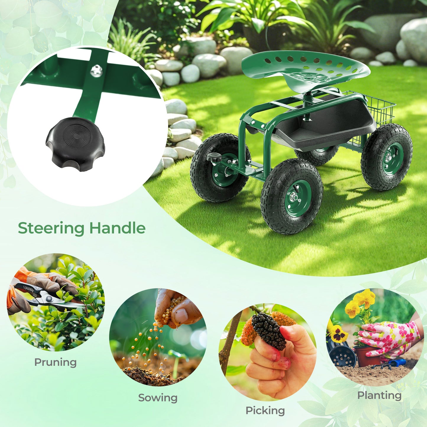4-Wheel Rolling Garden Cart Work Seat, Green Garden Carts at Gallery Canada