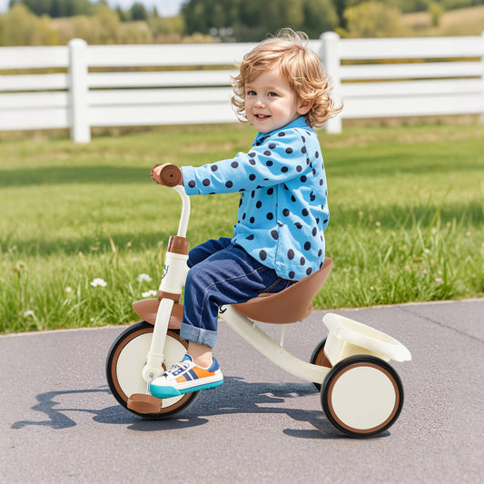 Toddler Tricycle, Adjustable Seat, Basket, 3-5 Years, Beige Push & Pedal Ride On Toys Beige at Gallery Canada