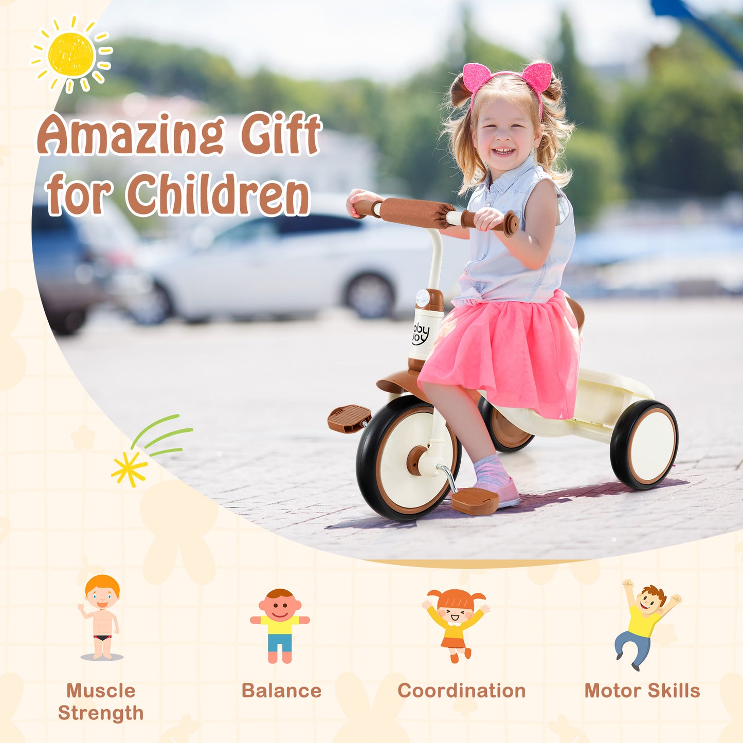 Toddler Tricycle, Adjustable Seat, Basket, 3-5 Years, Beige Push & Pedal Ride On Toys at Gallery Canada
