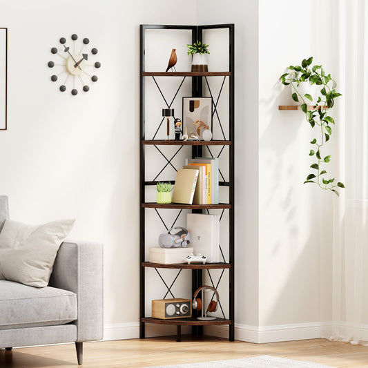 5-Tier Corner Shelf 63 Inch Tall, Storage Rack, Rustic Brown Bookcases Rustic Brown at Gallery Canada