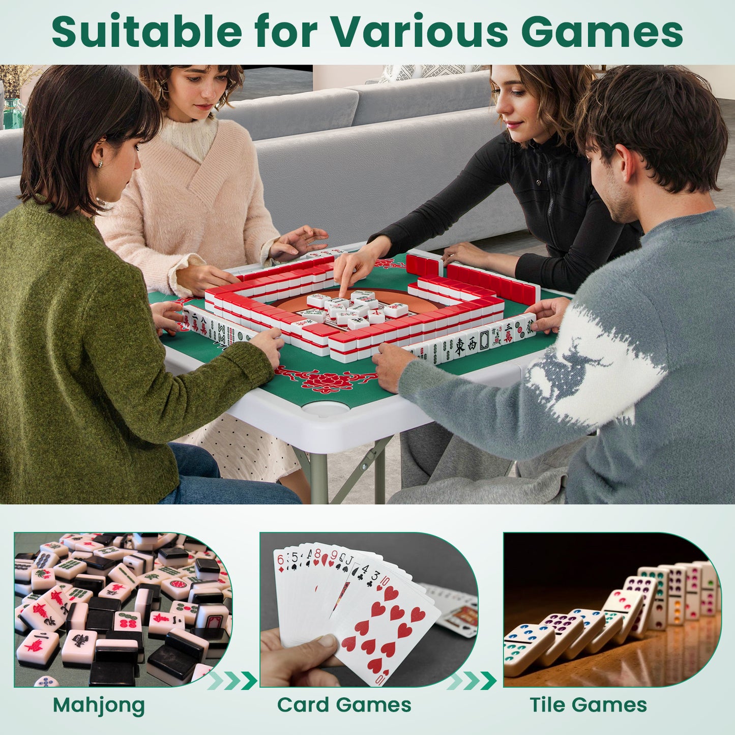 35 Inch 4 Player Folding Mahjong Table, Cup Holders, Light Green Game Room at Gallery Canada