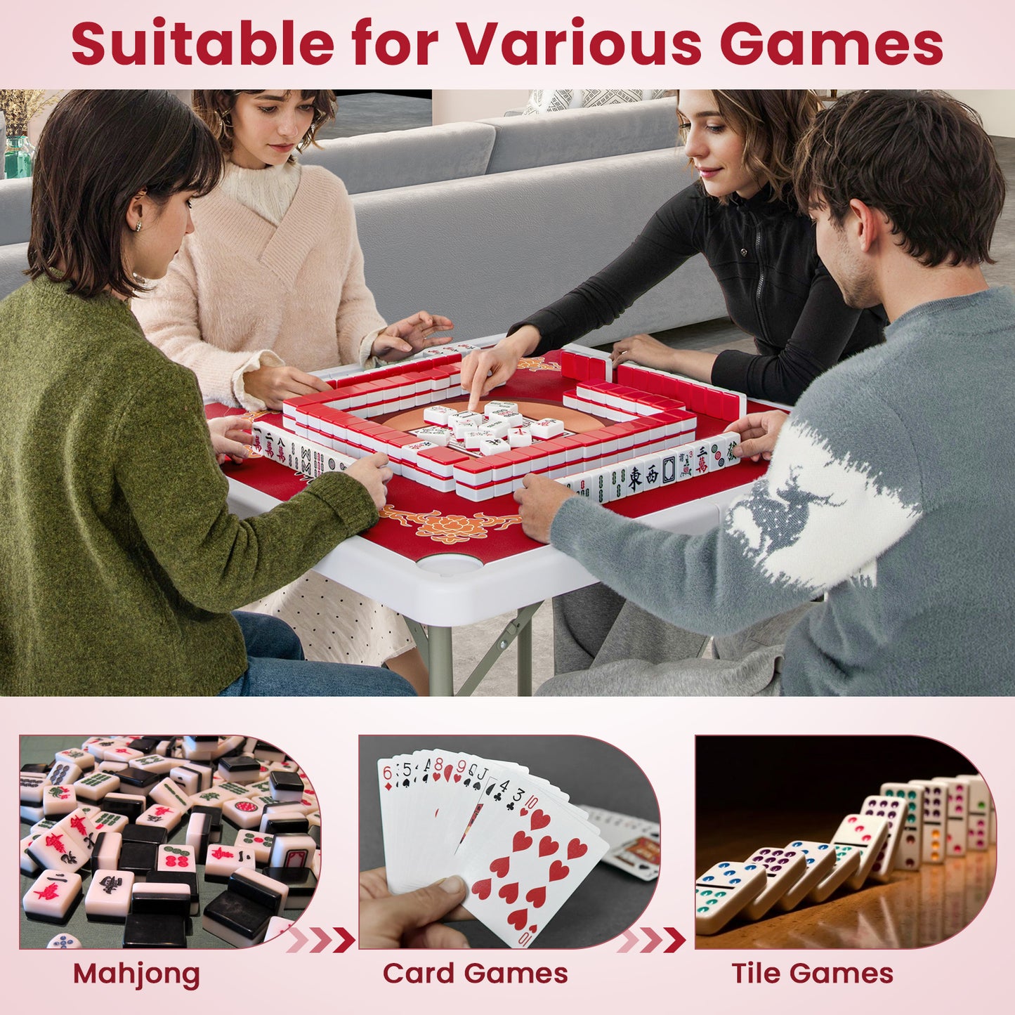 35 Inch 4 Player Folding Mahjong Table With Cup Holders, Red Game Room at Gallery Canada