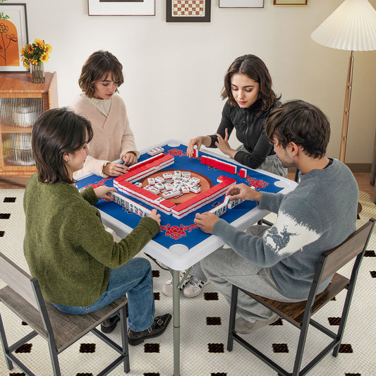 35 Inch 4 Player Game Card Folding Mahjong Table with Cup Holders, Blue Game Room Blue at Gallery Canada