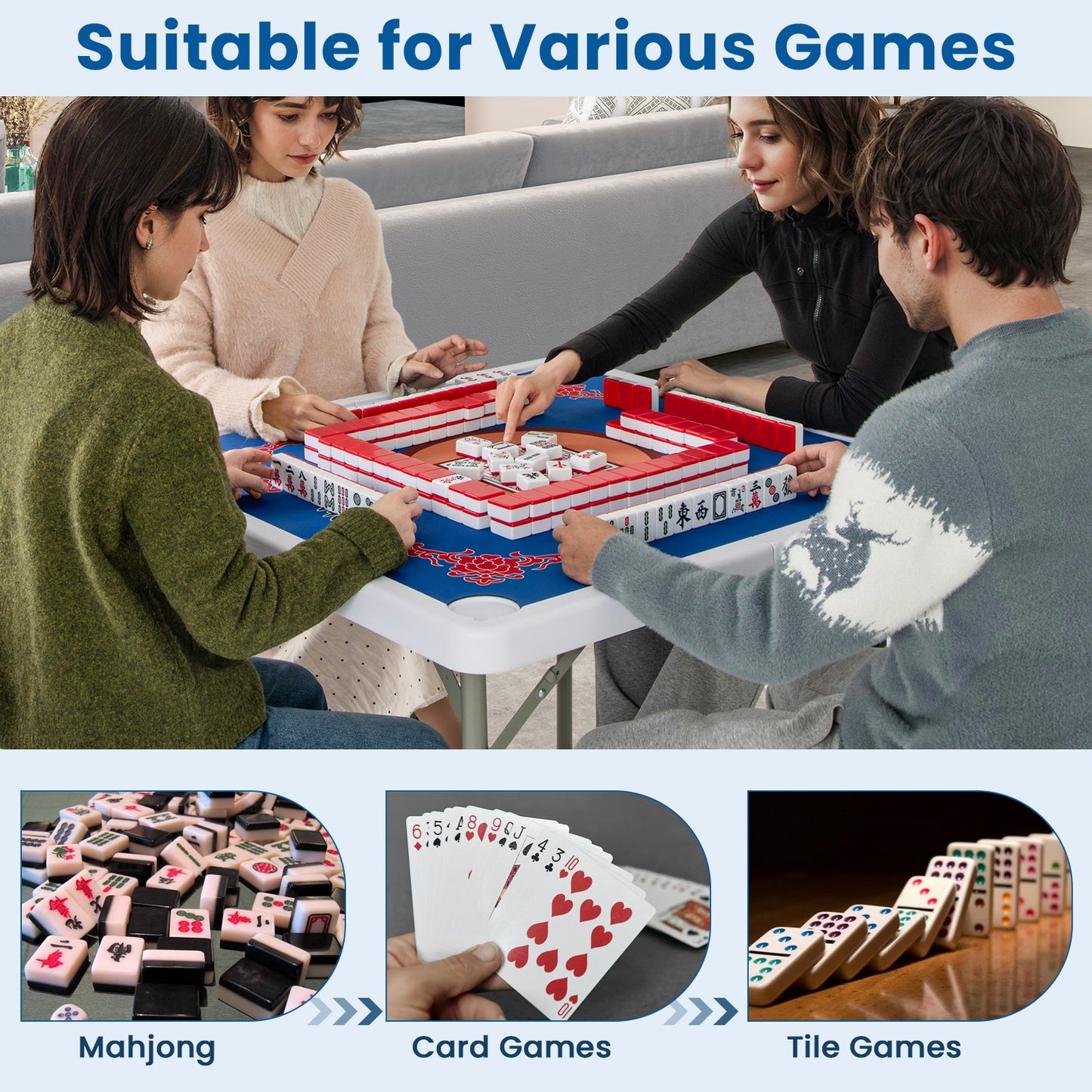 35 Inch 4 Player Folding Mahjong Table, With Cup Holders, Blue Game Room at Gallery Canada