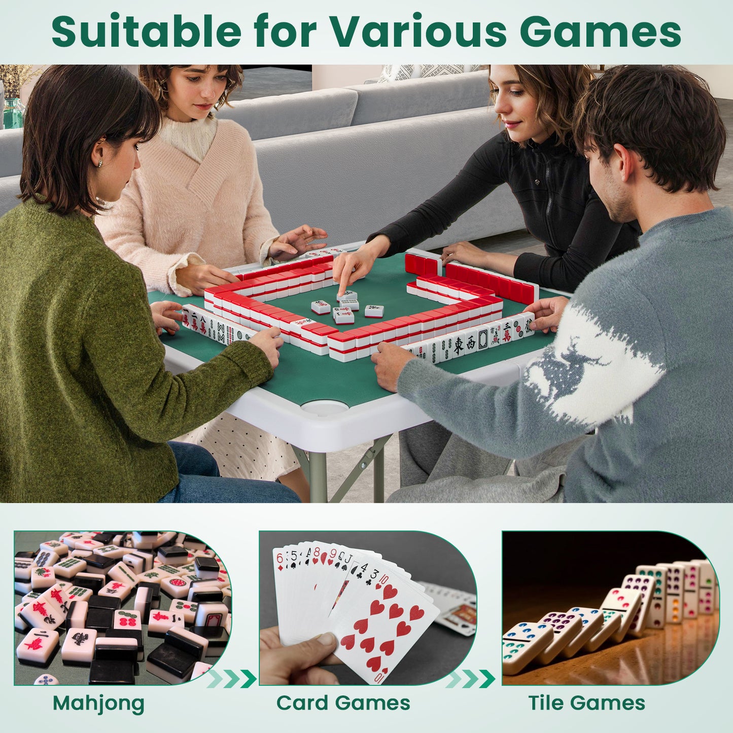 35 Inch 4 Player Folding Mahjong Table, Cup Holders, Green Game Room at Gallery Canada