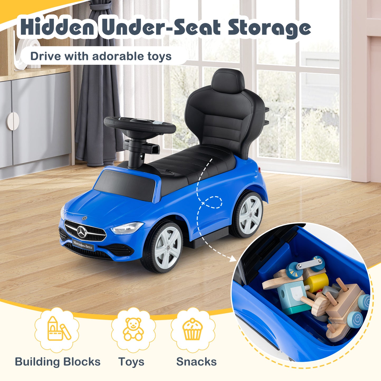 3-in-1 Ride on Push Car Mercedes-Benz Licensed Sliding Car with Canopy, Blue Push & Pedal Ride On Toys at Gallery Canada