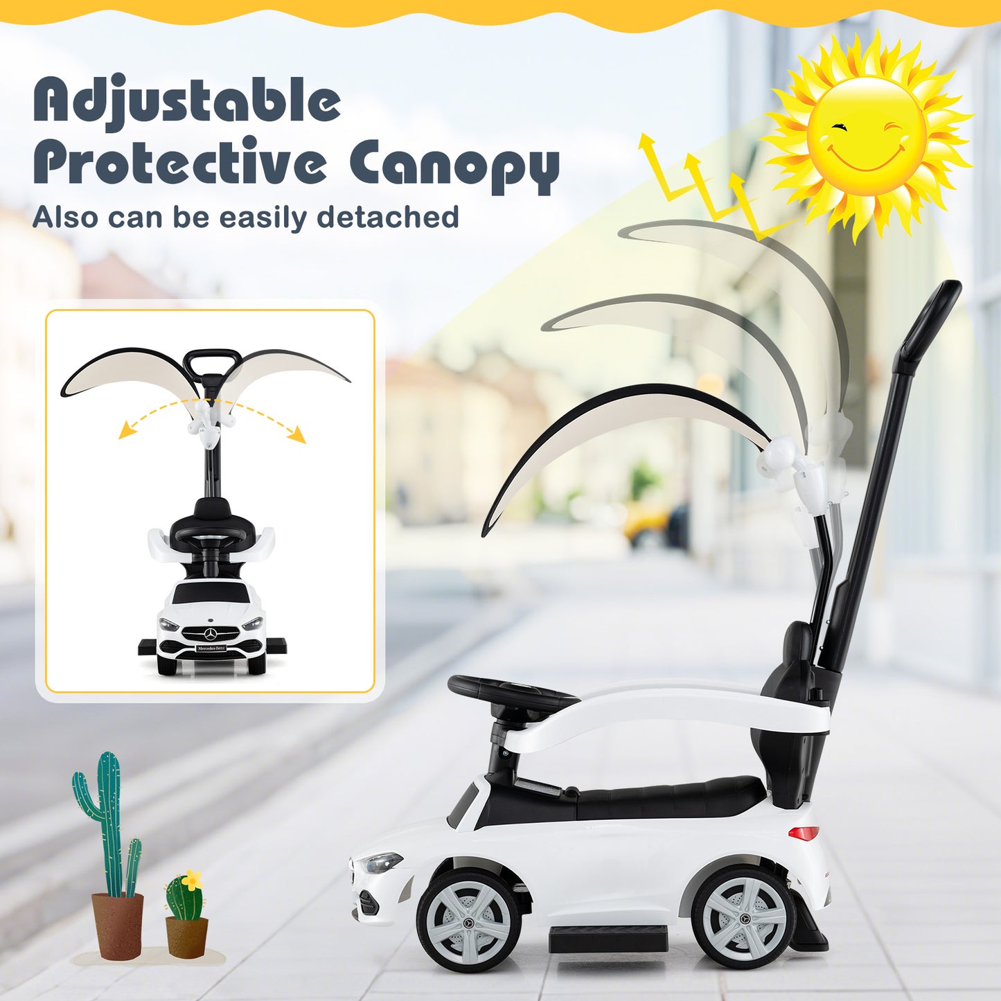 3-in-1 Ride on Push Car Mercedes-Benz Licensed Sliding Car with Canopy, White Push & Pedal Ride On Toys at Gallery Canada