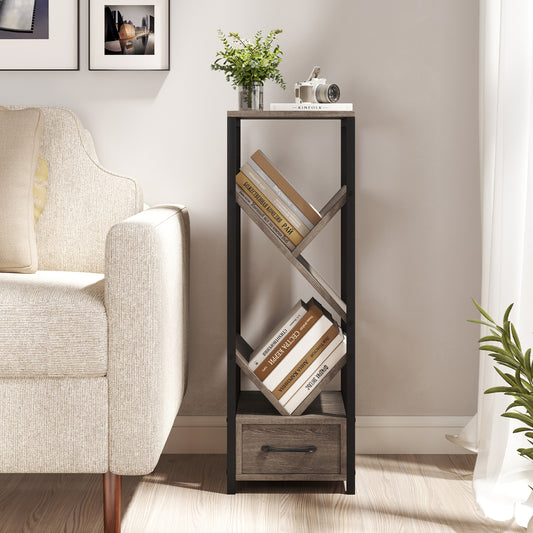 4 Tier Floor Tree Bookshelf, With Drawer And Metal Frame, Gray Bookcases Gray at Gallery Canada