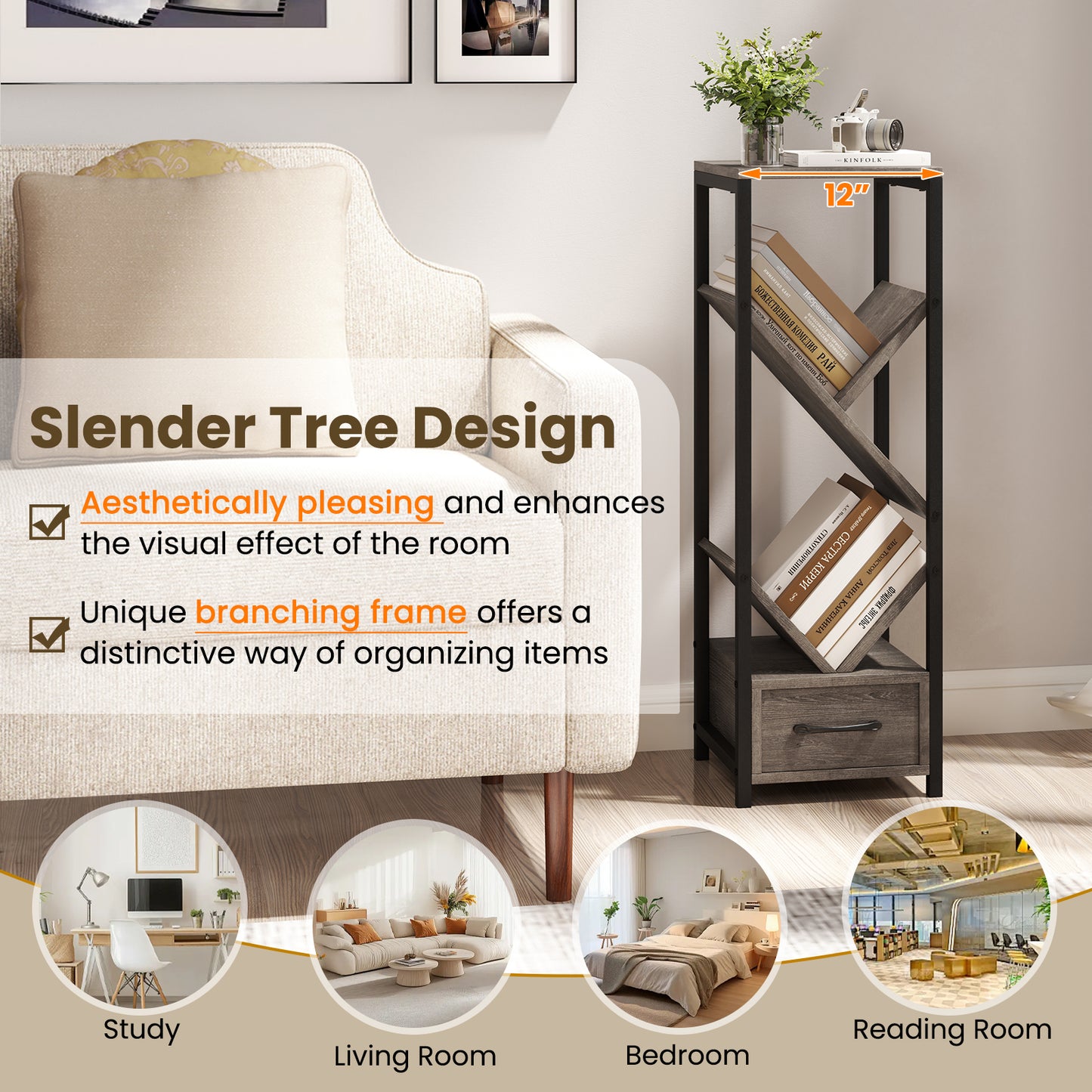 4 Tier Floor Tree Bookshelf, With Drawer And Metal Frame, Gray Bookcases at Gallery Canada