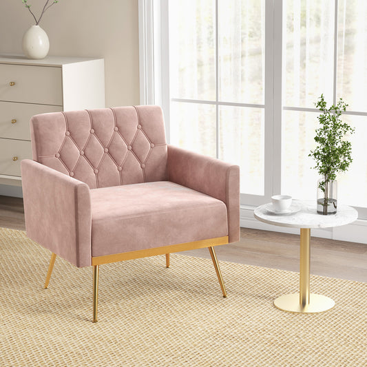 Modern Velvet Accent Chair with Button Tufted Back Golden Metal Legs and Adjustable Foot Pads, Pink Accent Chairs Pink at Gallery Canada