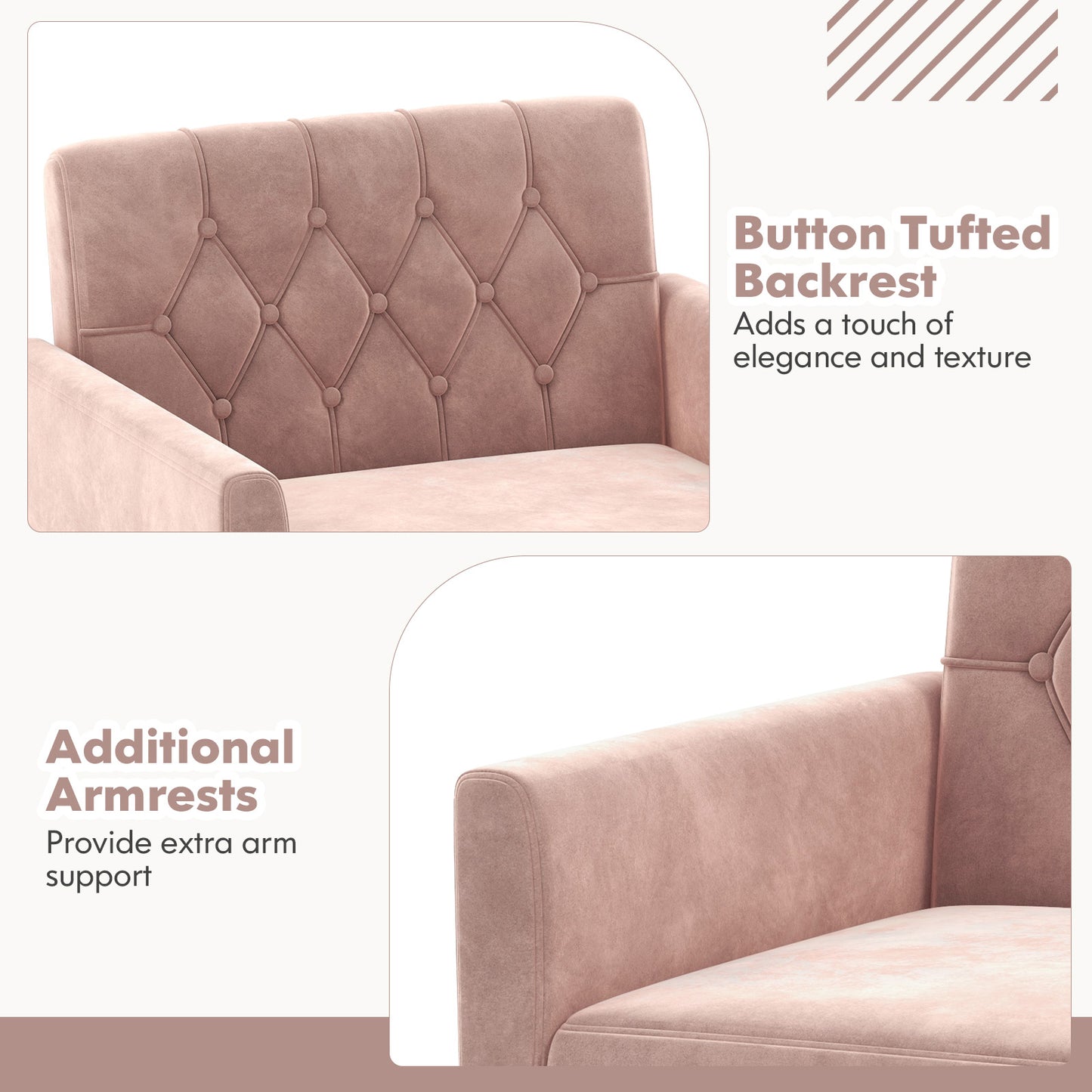 Modern Velvet Accent Chair with Button Tufted Back Golden Metal Legs and Adjustable Foot Pads, Pink Accent Chairs at Gallery Canada
