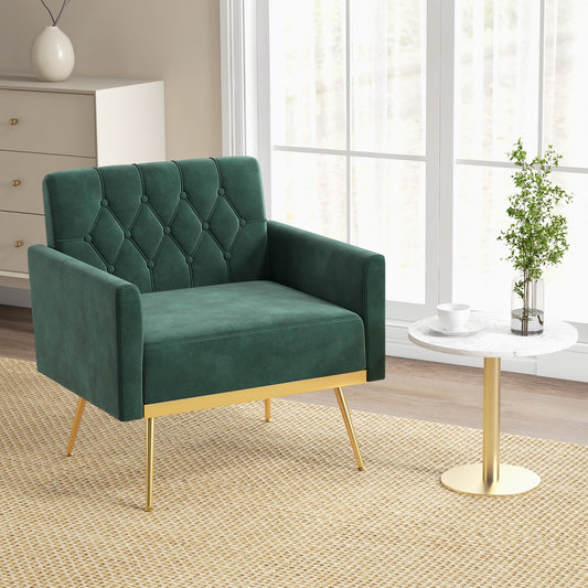 Modern Velvet Accent Chair, Button Tufted Back, Golden Metal Legs, Green