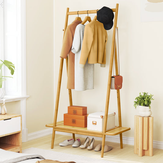 Bamboo Clothes Rack, Hanging Rod, Rattan Shelf, Copper Hooks, Natural Coat Racks & Hall Trees Natural at Gallery Canada