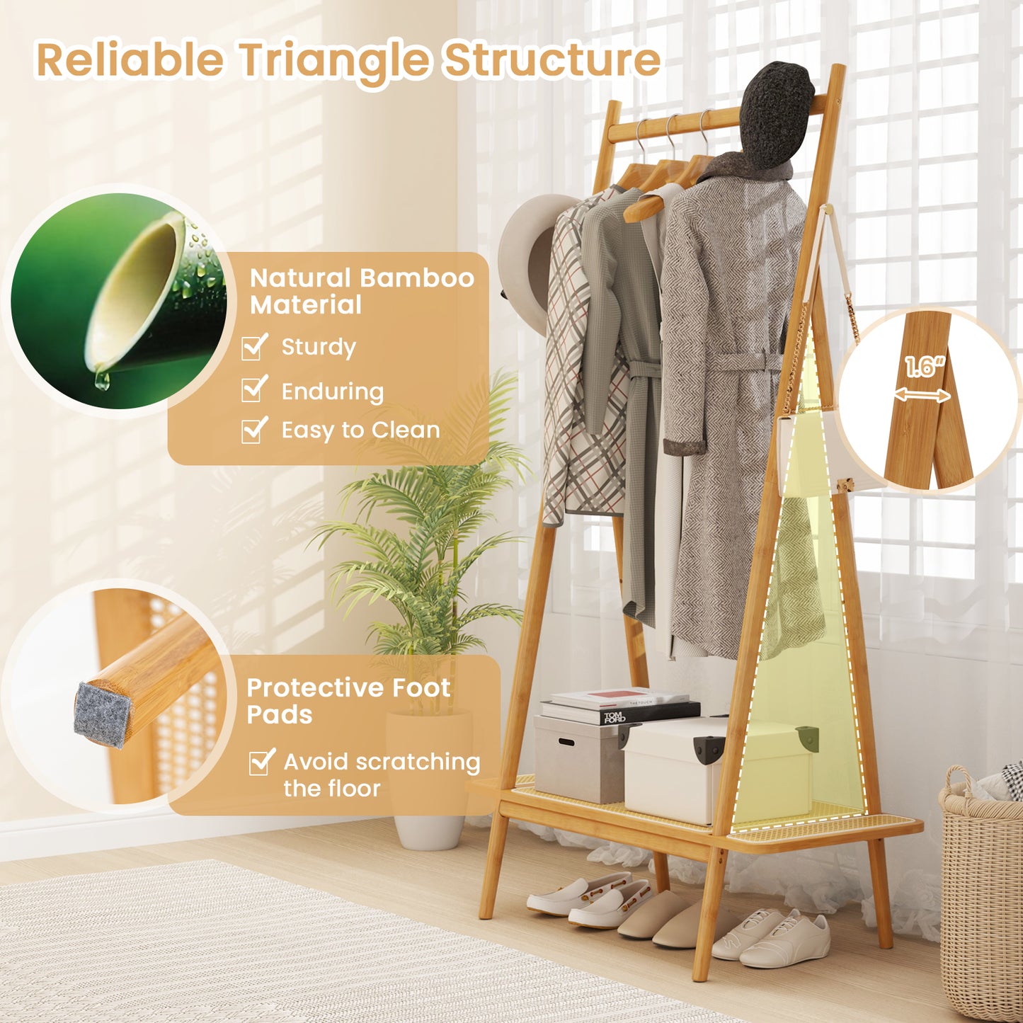 Bamboo Clothes Rack with Hanging Rod Rattan Shelf and Copper Hooks, Natural Coat Racks & Hall Trees at Gallery Canada