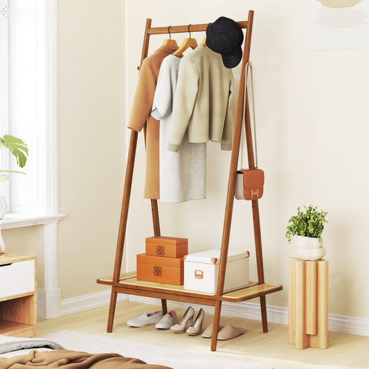 Bamboo Clothes Rack With Hanging Rod, Rattan Shelf, Copper Hooks, Brown